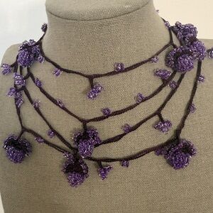 Traditional Turkish Boncuk  Oya Violet Floral Beaded Multi-Strand Necklace